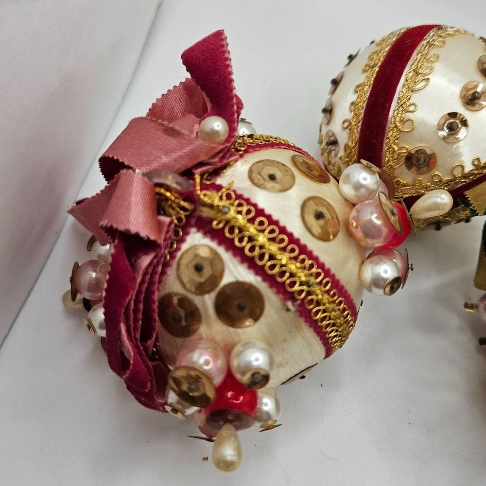 Vintage Lot of 4 Handmade Satin Sequin Beaded Christmas Ball Ornaments